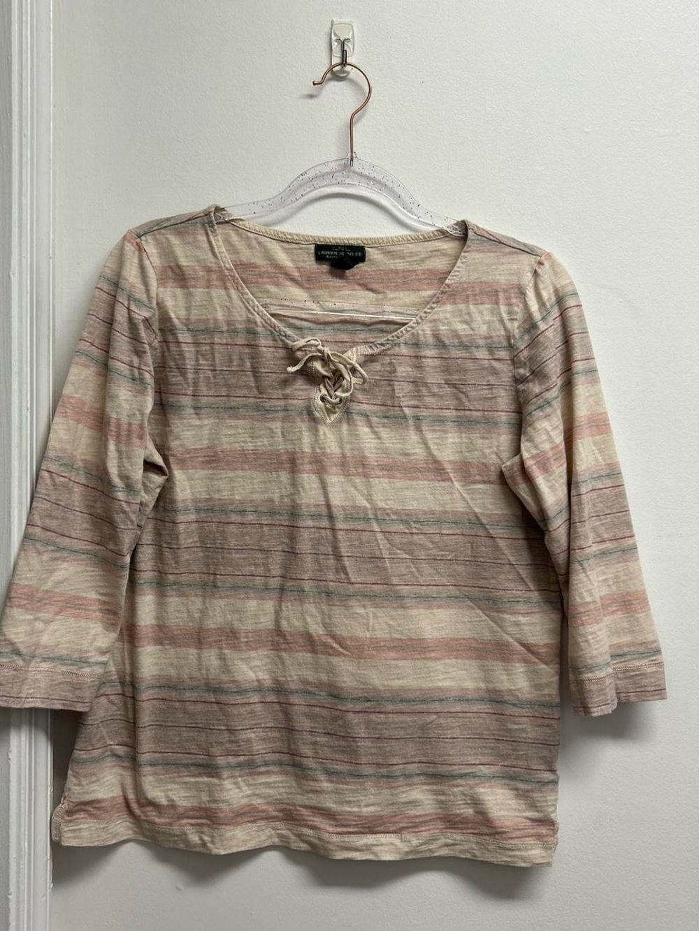 Lauren Ralph Lauren Cream and Blush Striped Lace-Up 3/4 Sleeve Top